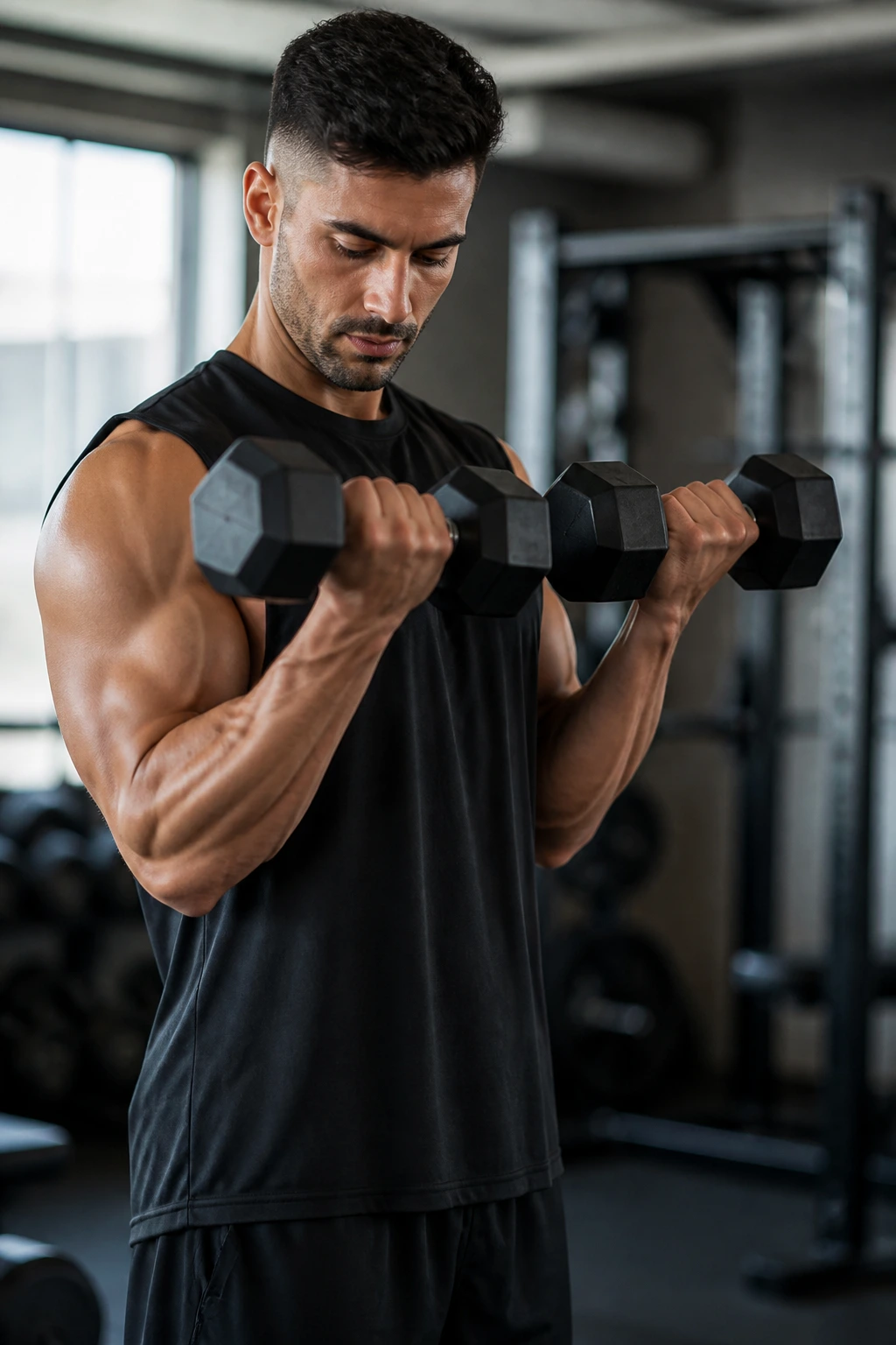 Strict dumbbell curl showing forearm and bicep engagement