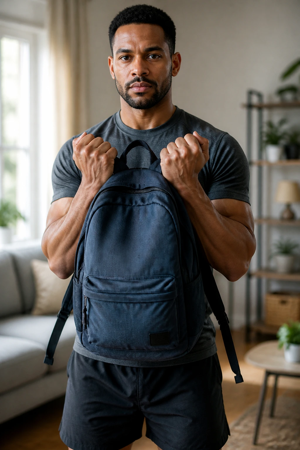 Person curling a backpack filled with books indoors.