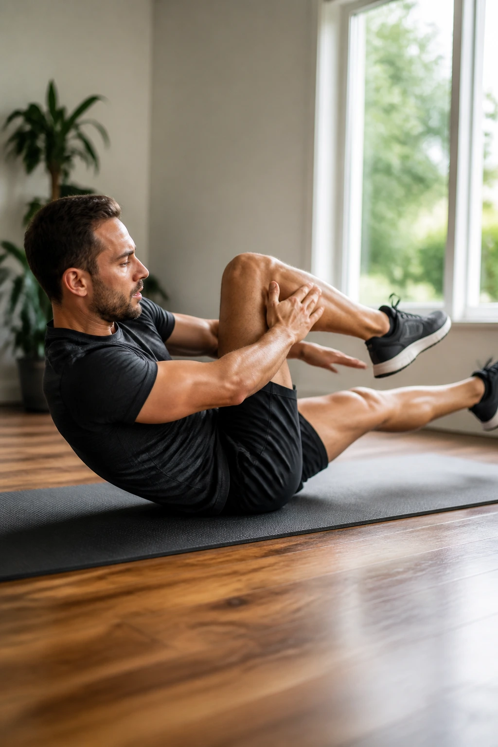 Close-up of a person performing a slow bicycle crunch with a three-second reach on a workout mat