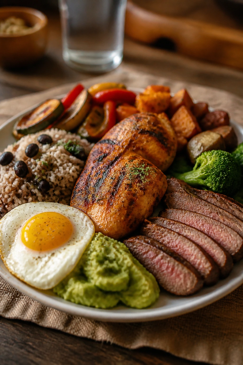 Large plate piled with diverse foods on a rustic dining table