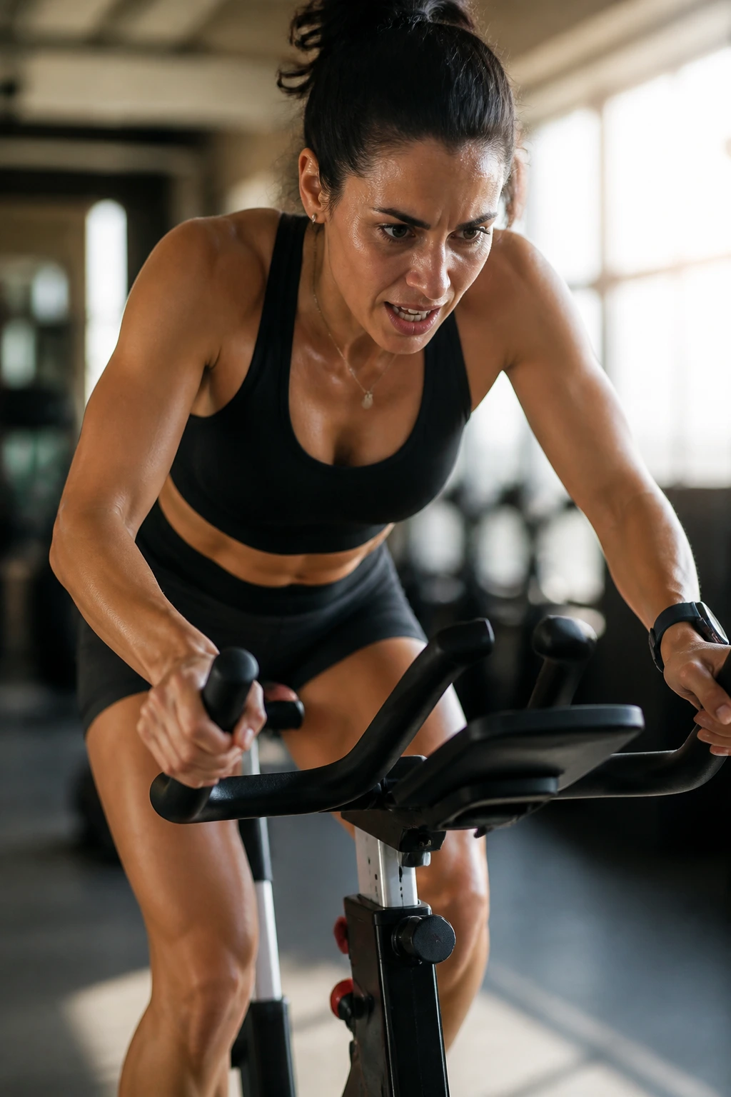 Close-up of a person on a stationary bike during a HIIT interval in a gym