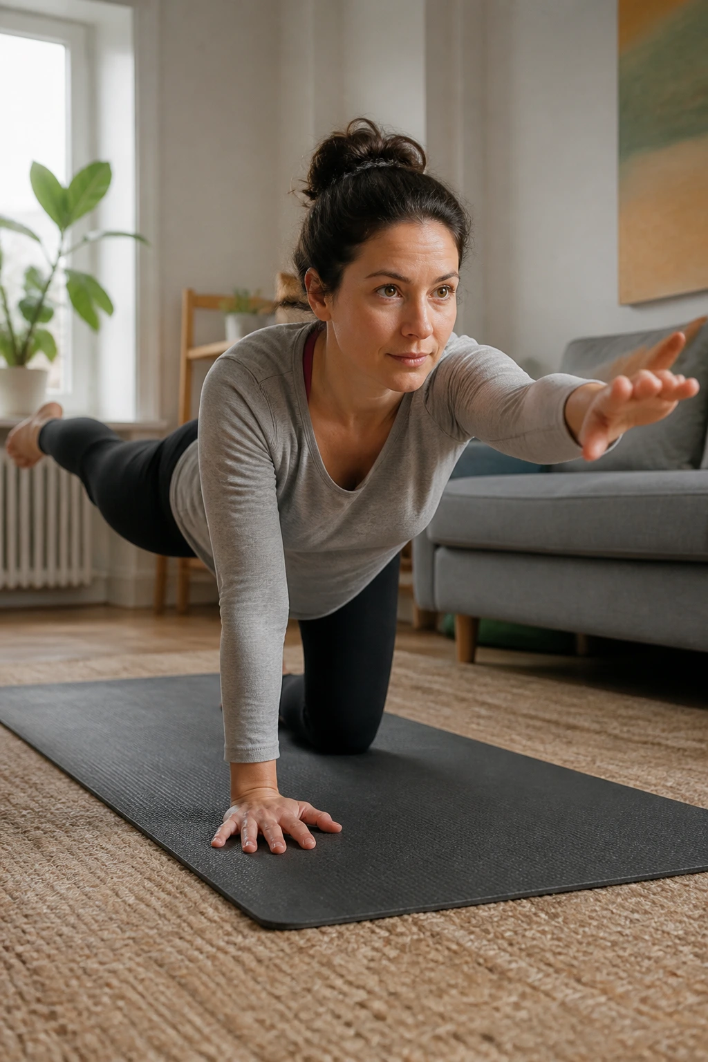 Real person performing bird dog hold on a mat with extended arm and leg, maintaining hip level.
