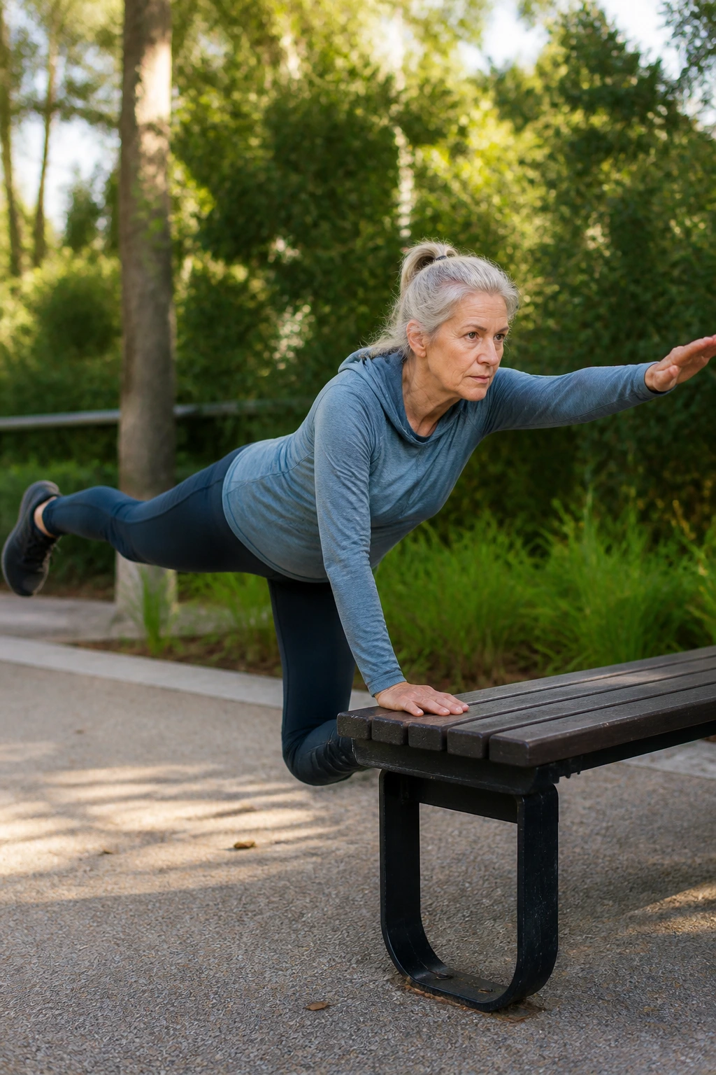 Senior performing bird-dog with bench outdoors