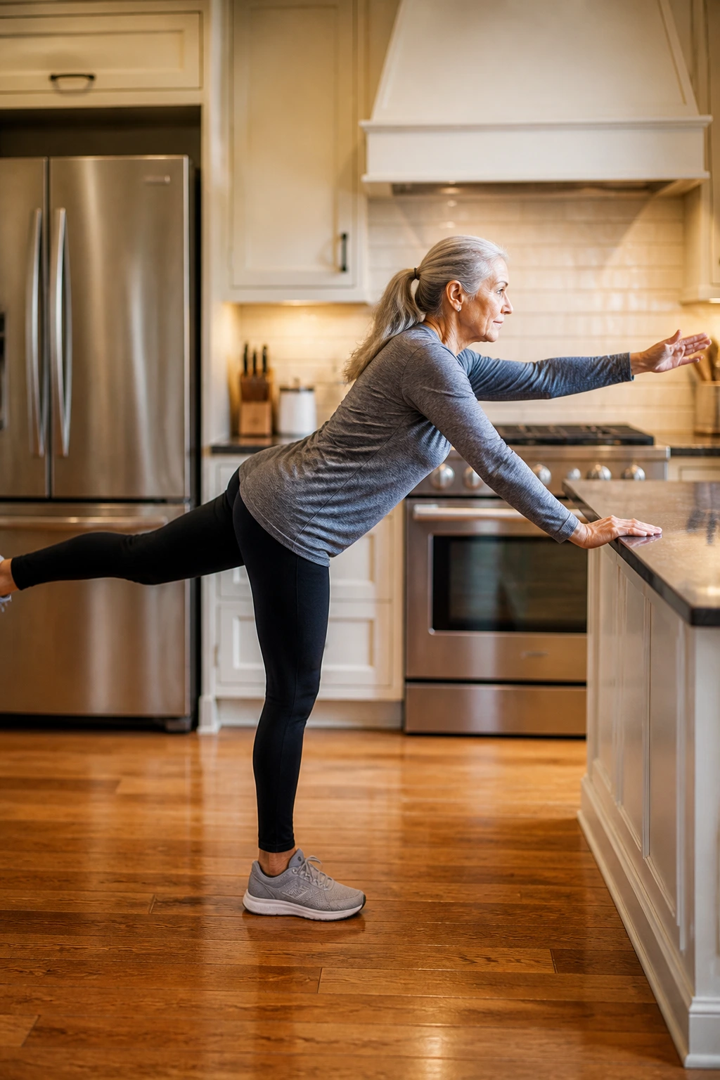 Senior performing bird dog with counter support in a kitchen