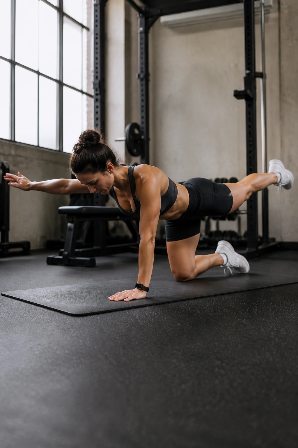 Side view of a person in a bird-dog exercise on a mat in a gym.