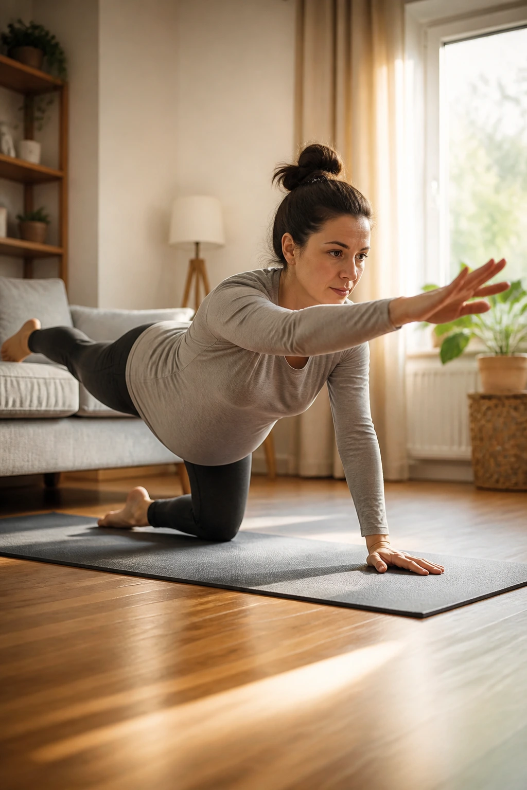 Close-up of a person performing Bird-Dog with core engaged on a yoga mat in a living room