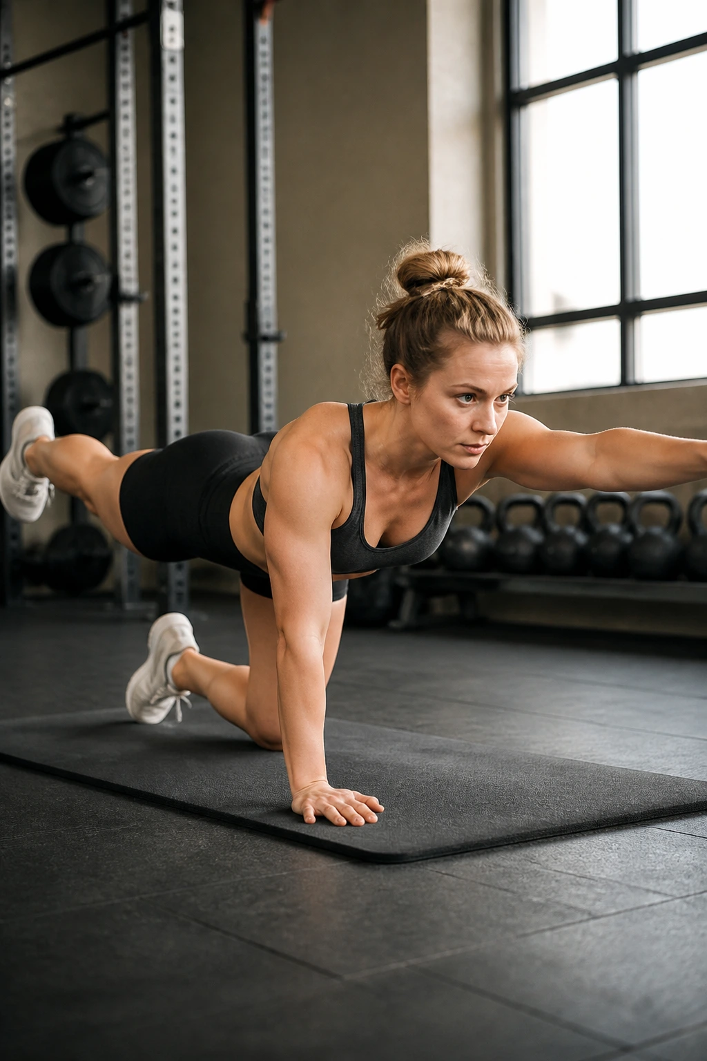 Close-up of a person performing bird dog on a gym mat for core stability