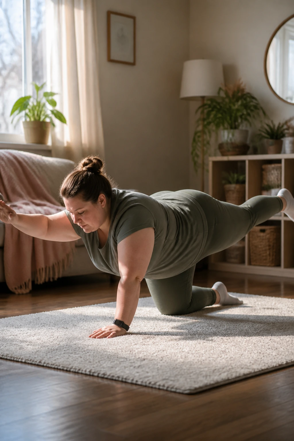 Bird-Dog Hold: real person on hands and knees extending opposite arm and leg in a home setting