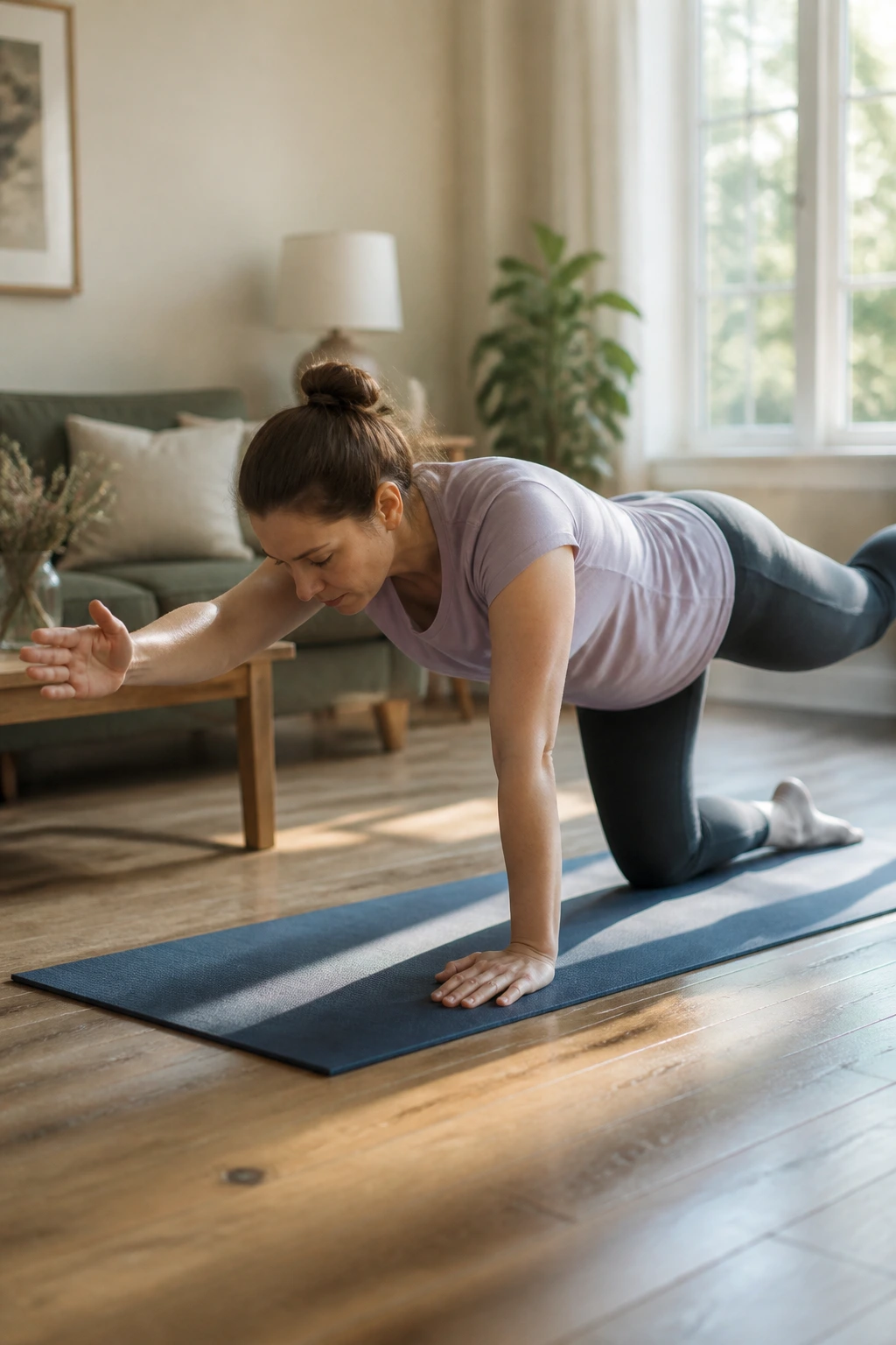 Postpartum woman performing a bird dog reach exercise.