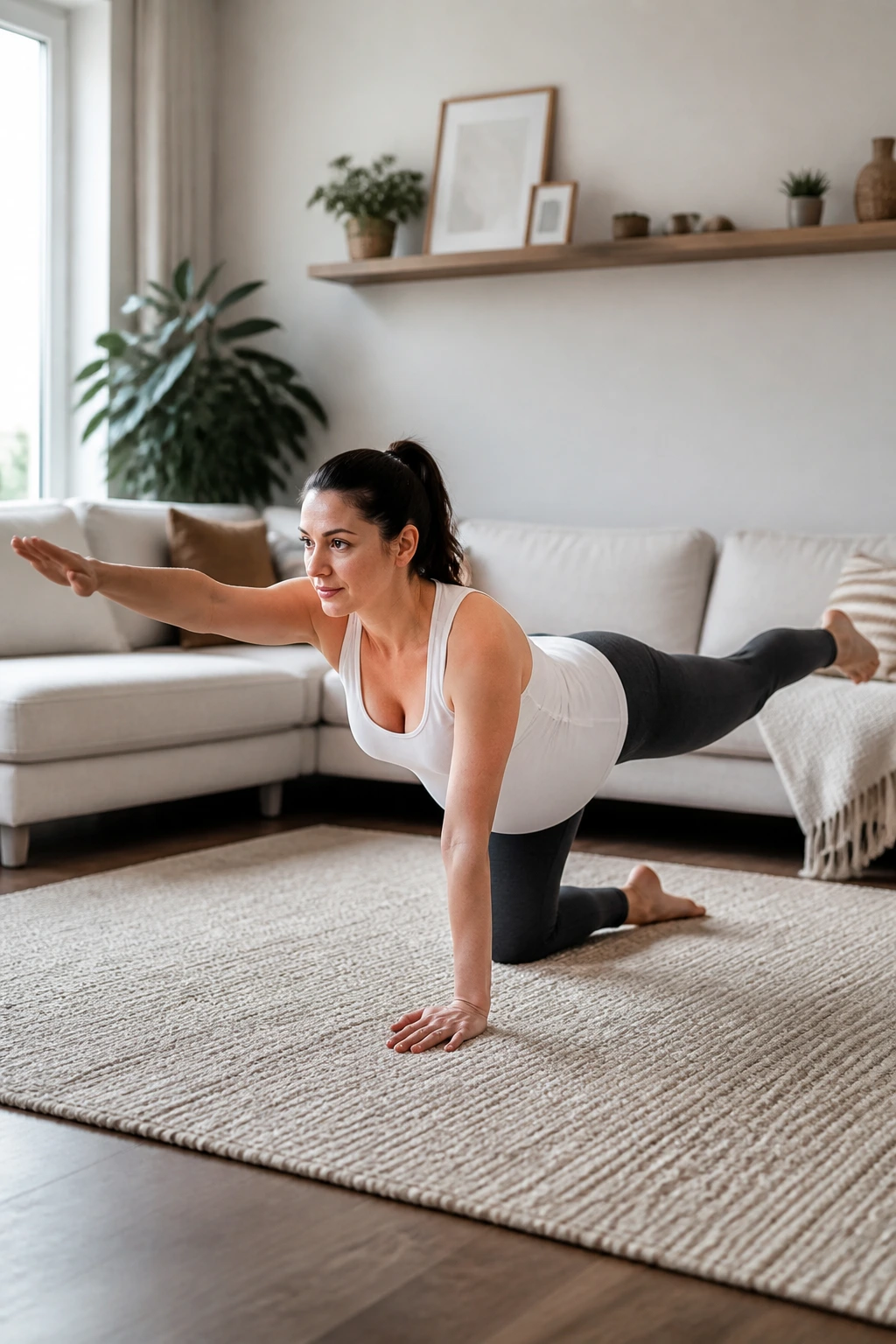 Pregnant person performing bird dog on a rug
