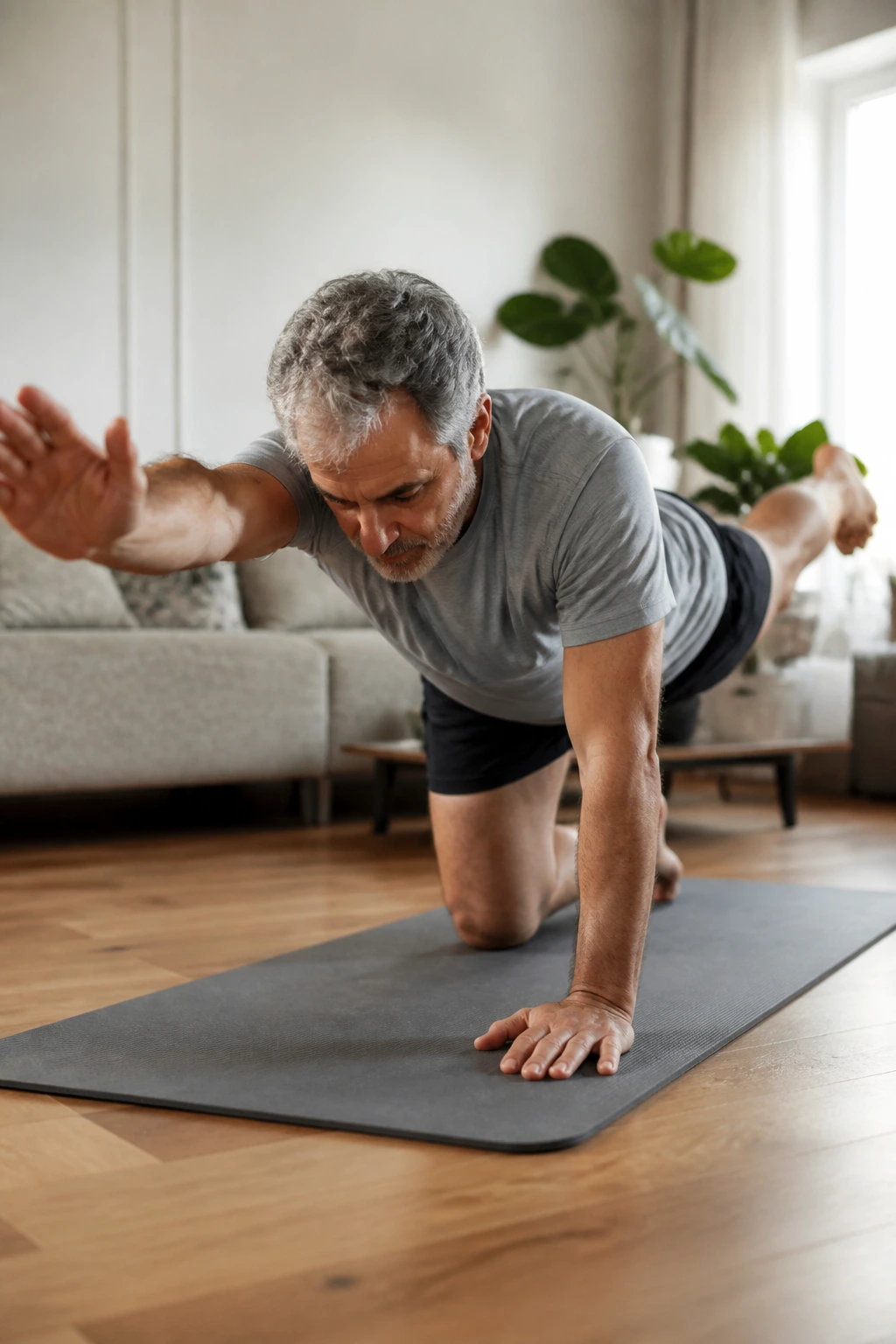 Person on hands and knees performing a bird-dog reach on a yoga mat.