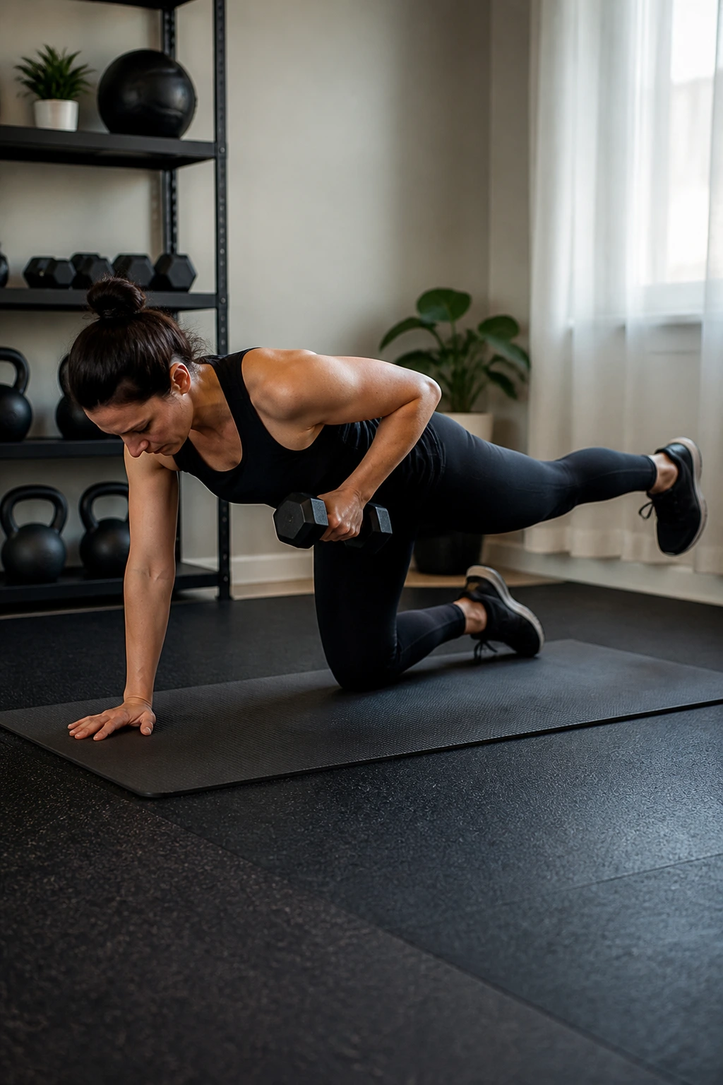 Bird Dog Row with dumbbell in hand and extended leg