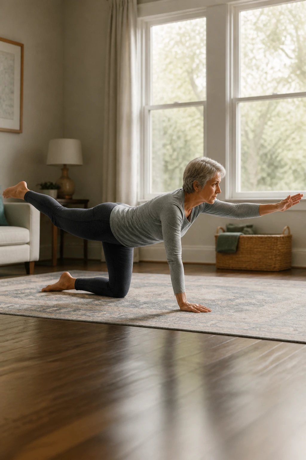 Senior performing bird dog exercise on hands and knees