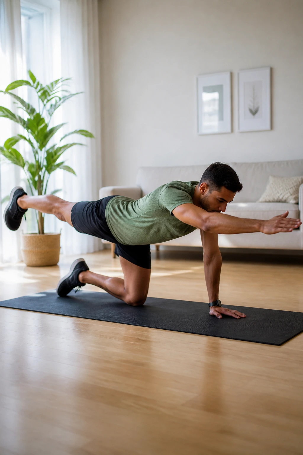 Medium shot of a person performing Bird-Dog in a bright home environment for core stability