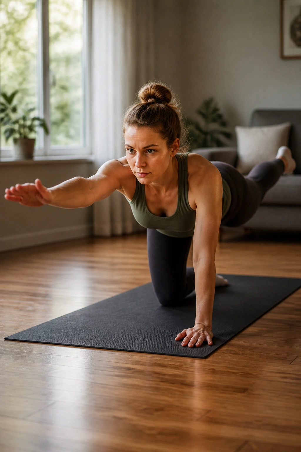 Close-up of a person performing Bird Dogs on a mat with spine alignment