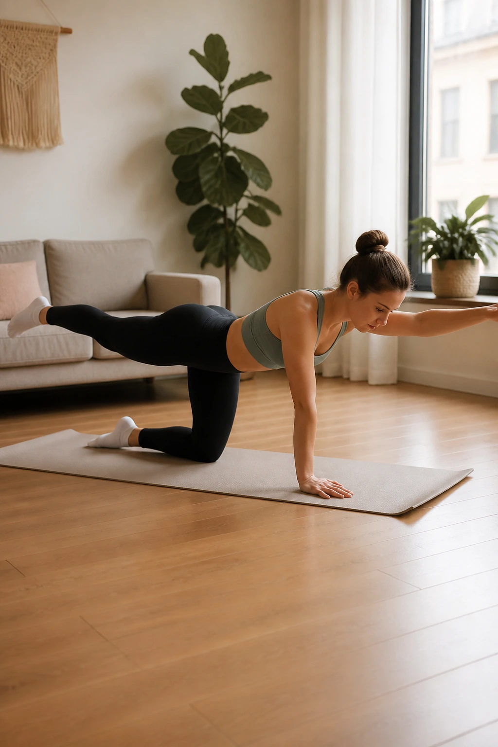 Real person in tabletop position performing Bird-Dogs with arm and opposite leg extended