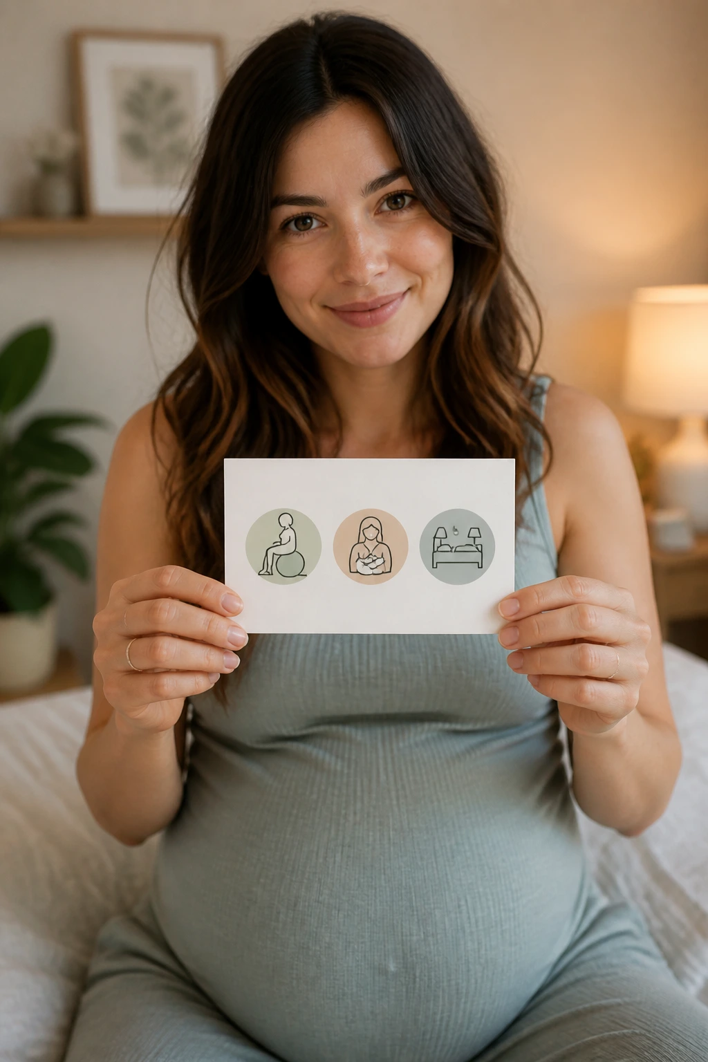Pregnant woman holding a card with birth plan icons in a calm home setting
