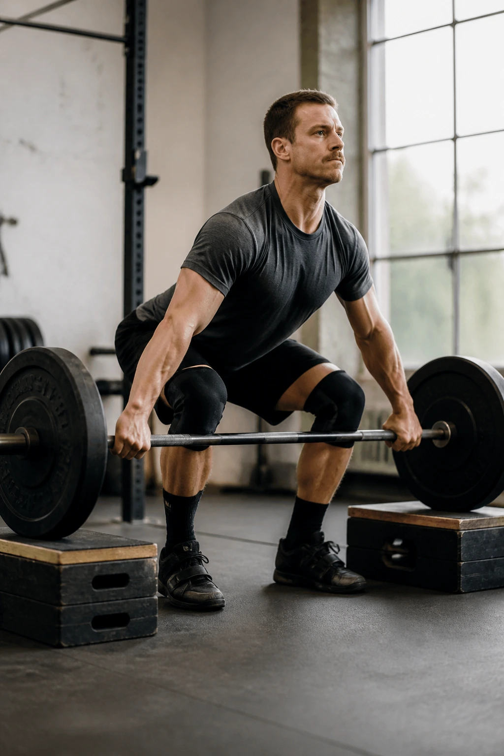 Lifter starting snatch from knee on blocks in a gym