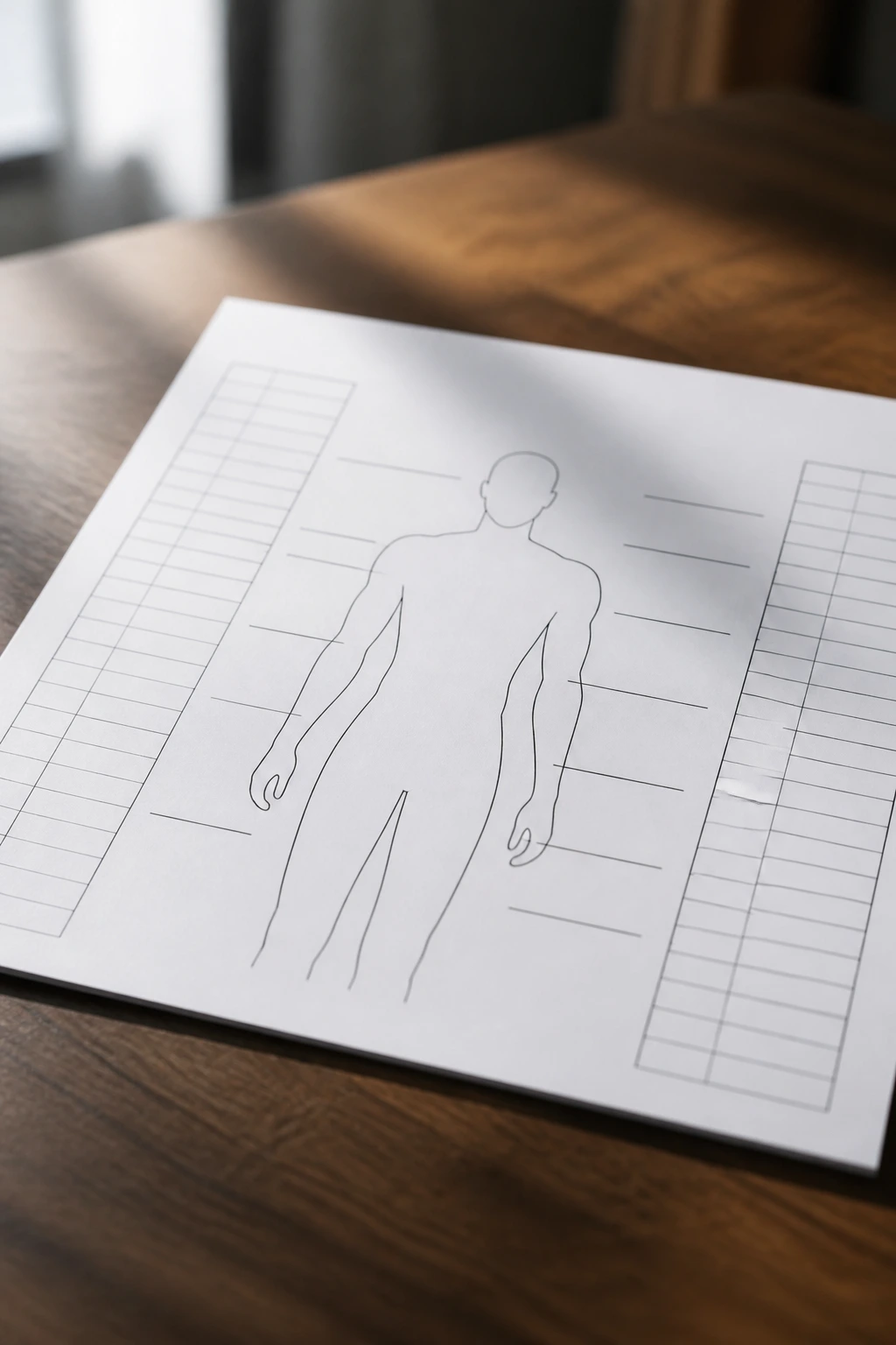 Close-up of a body measurements tracker page with torso outline and blank lines on a desk