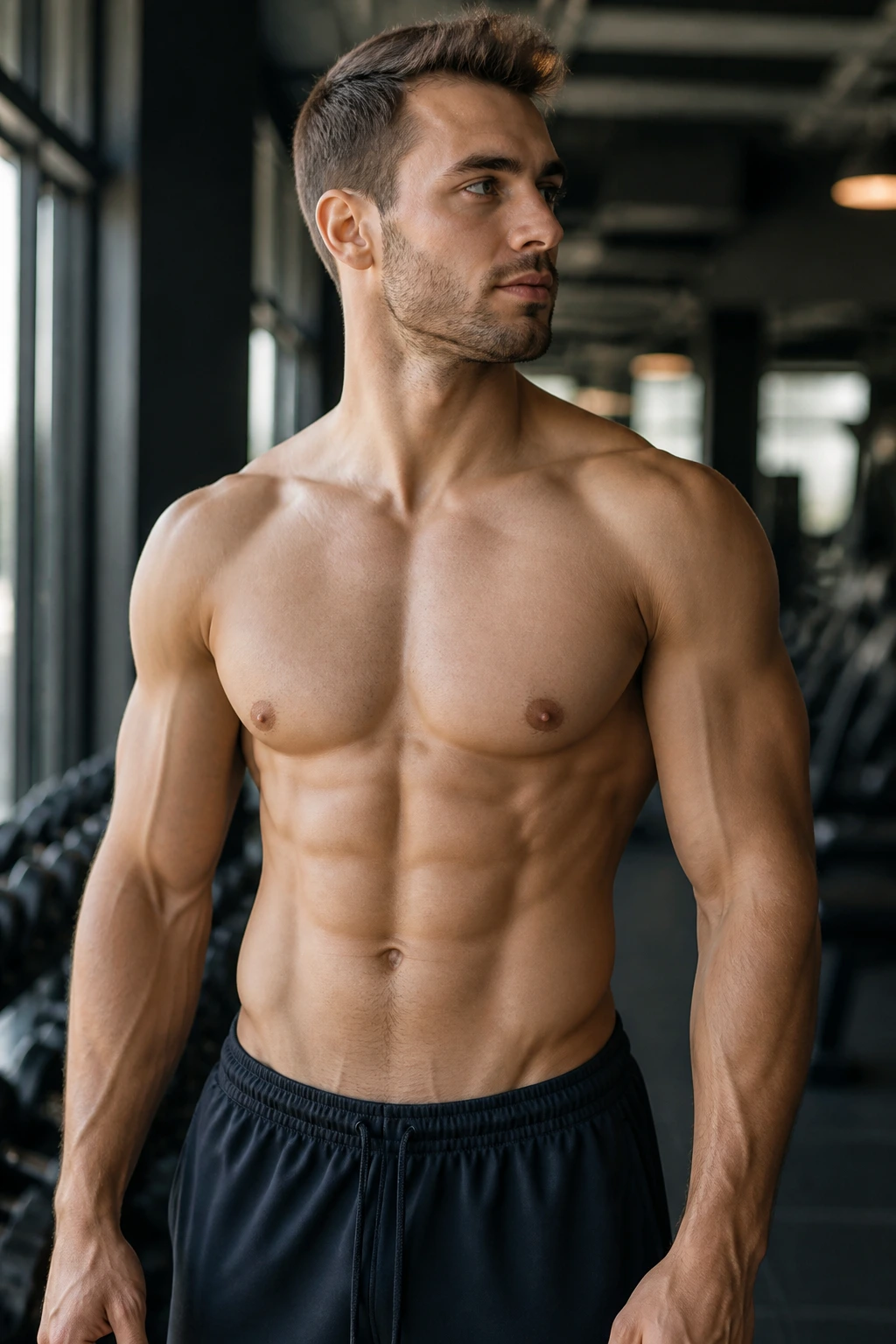 Lean male torso with defined abs and chest in gym setting