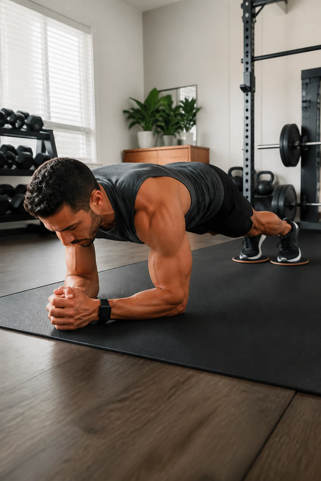 Forearm plank with feet on sliders performing a body saw in a home gym