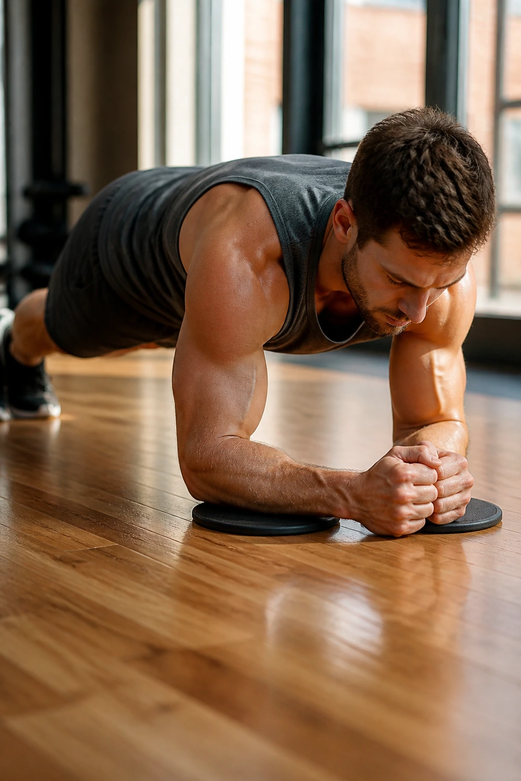 Close-up of a person performing a body saw forearm plank with sliding discs on a slick hardwood gym floor, core engaged.