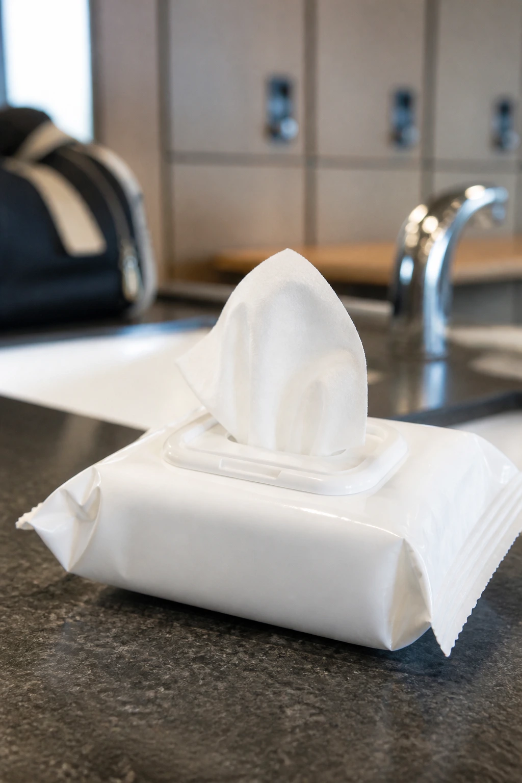 Pack of unscented body wipes on a gym counter