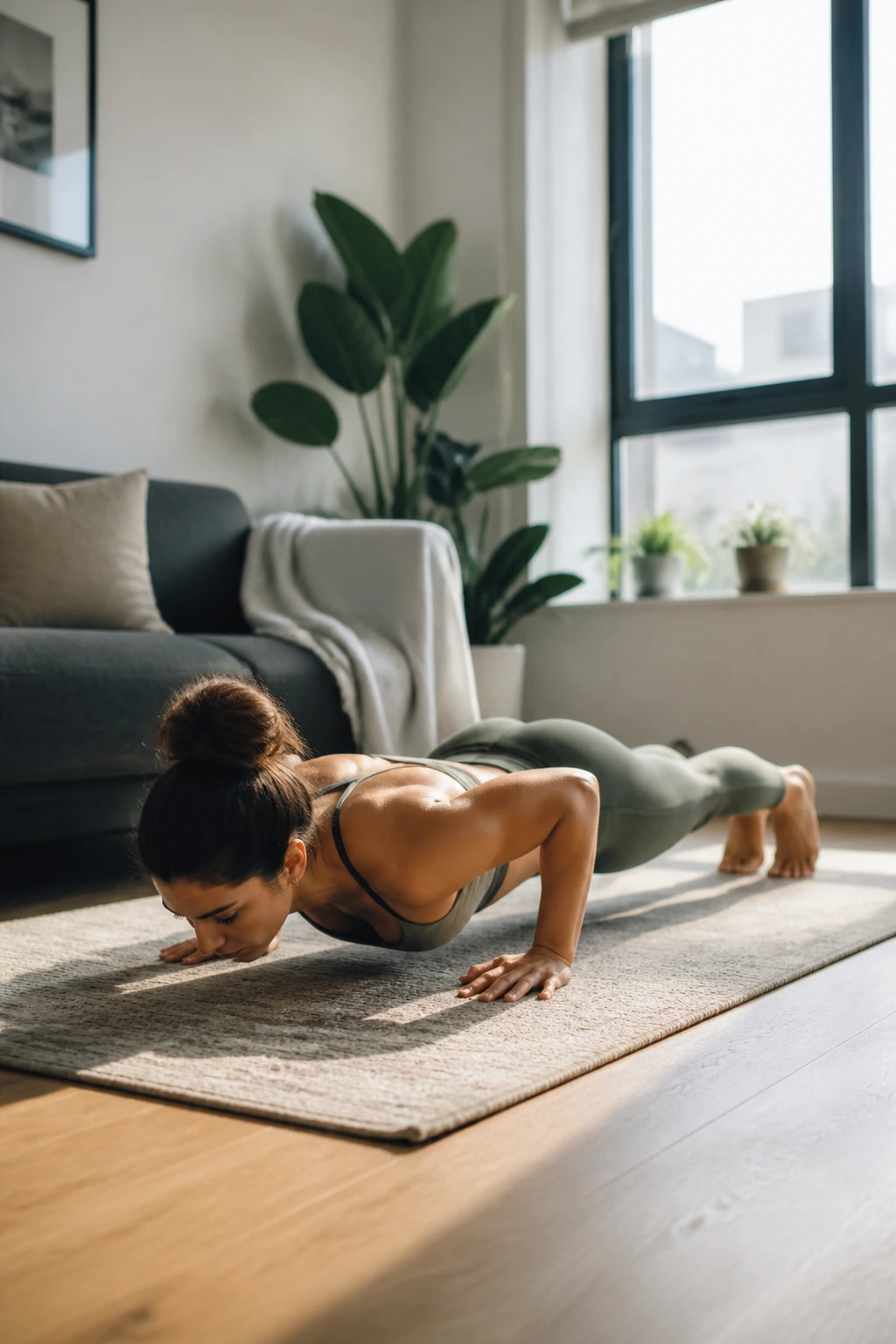 Woman doing slow tempo push-up in small apartment