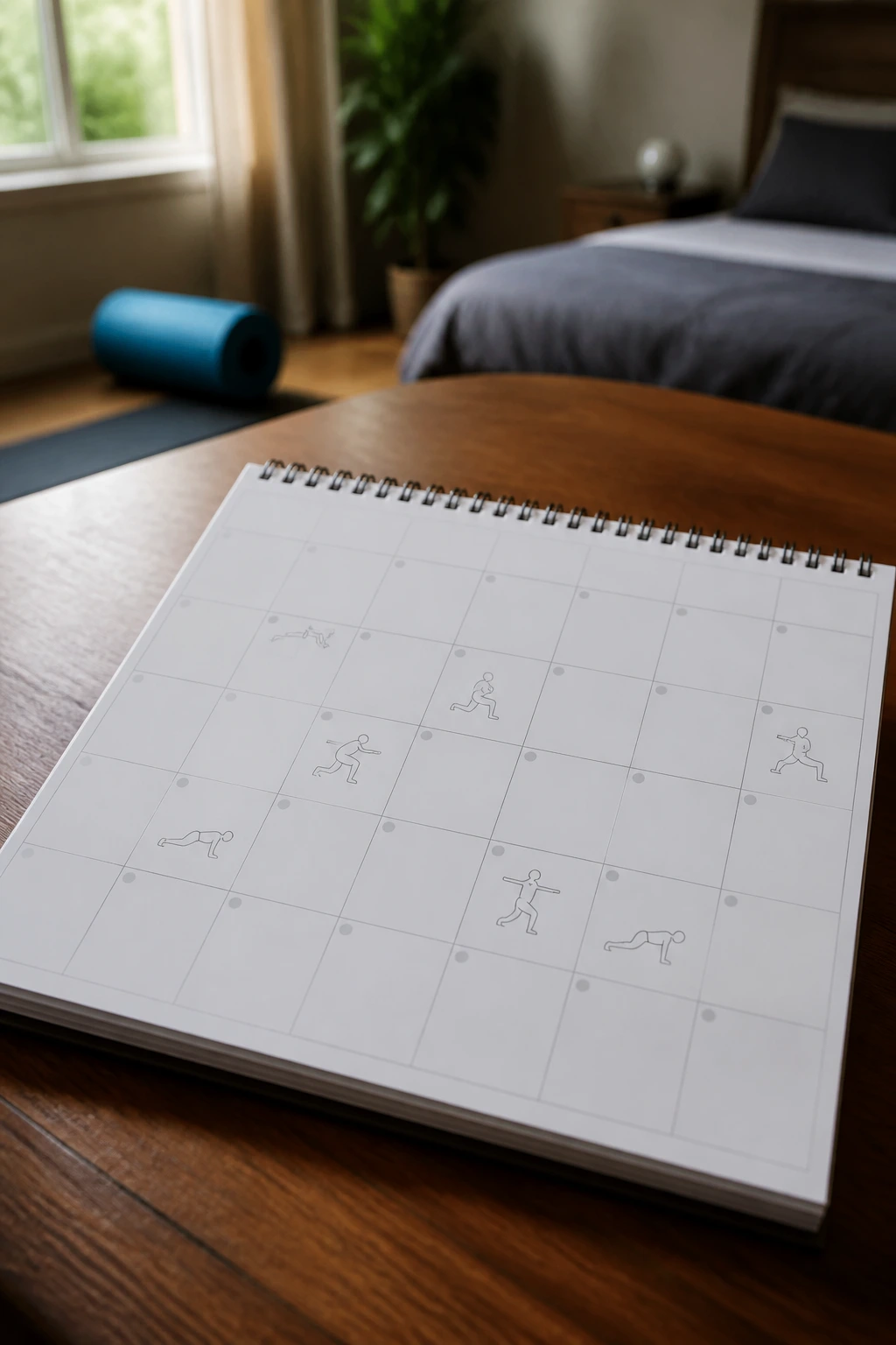 Close-up of a blank monthly calendar grid on a wooden desk in a bedroom with simple bodyweight icons in some squares