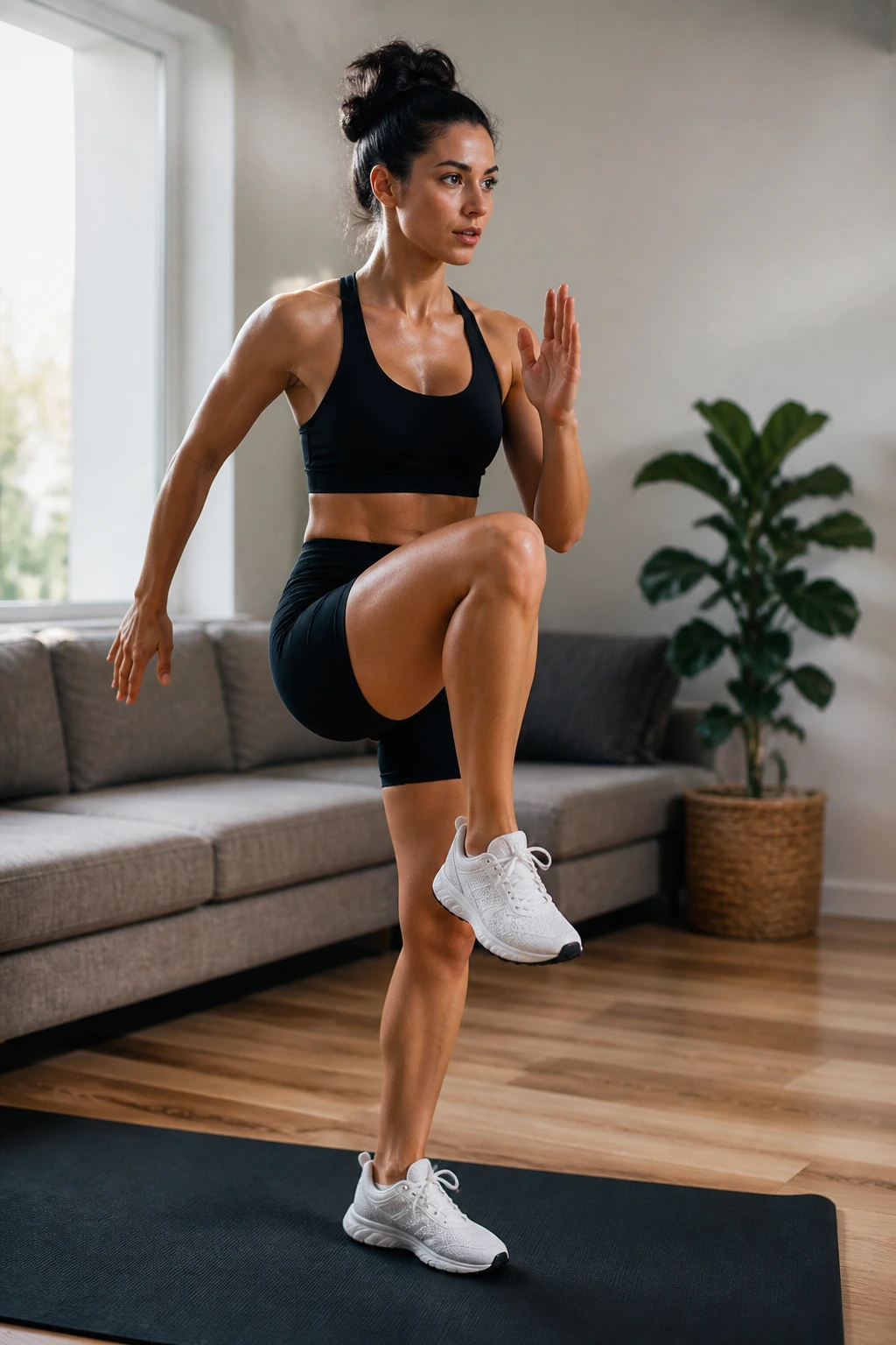 Person performing a bodyweight cardio move on a mat in a home living room.