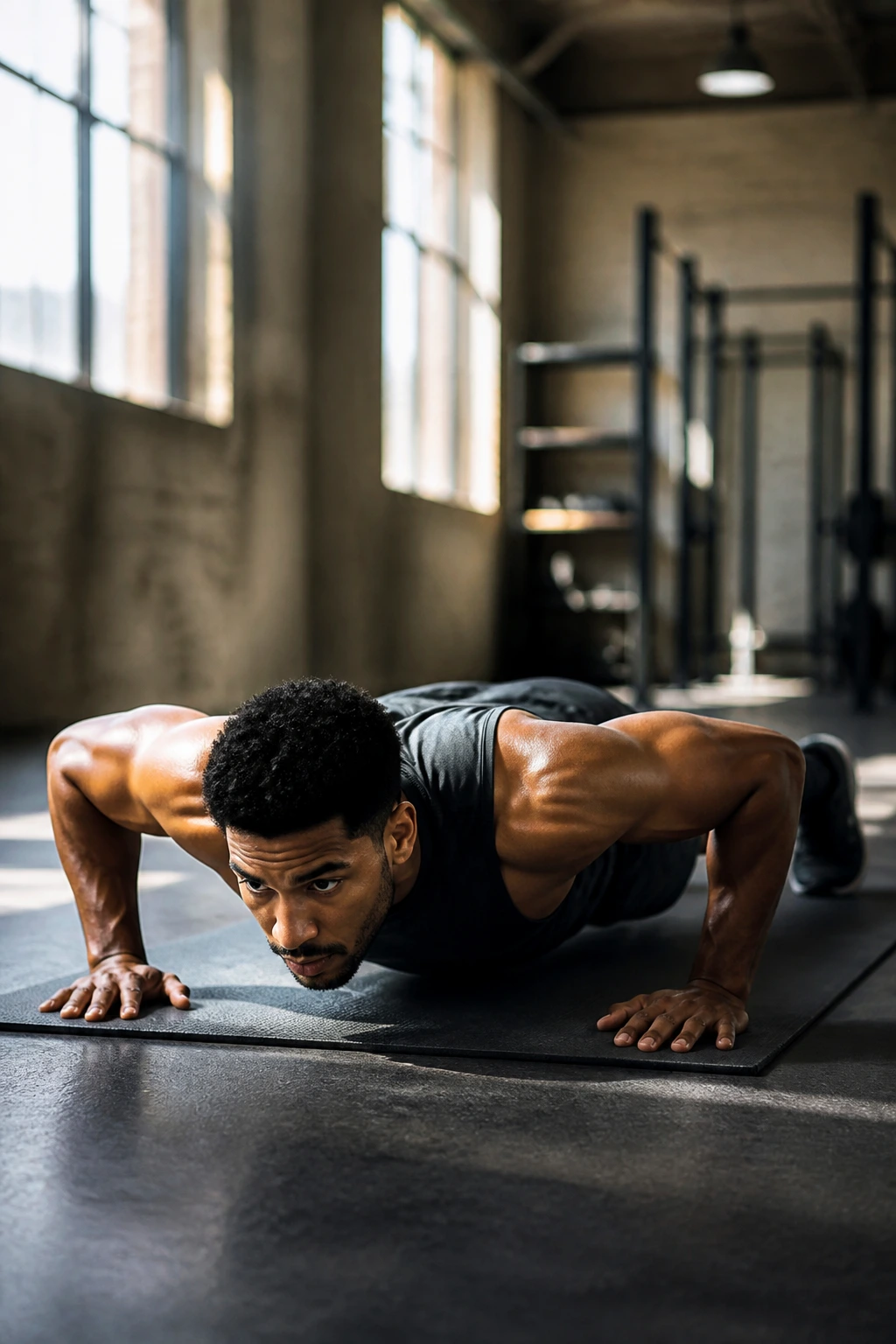 Person performing a burpee on a gym mat