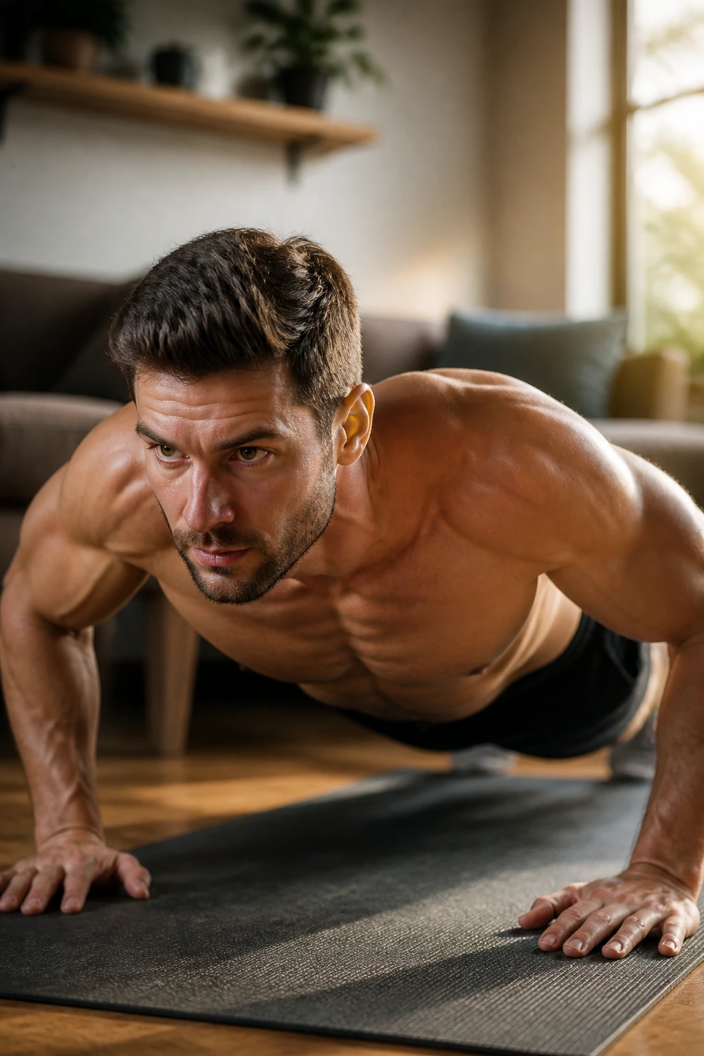 Close-up of a person performing a push-up in a home setting