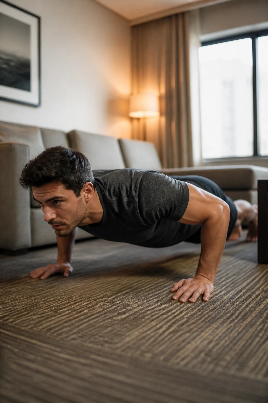 Person doing push-ups in a small living room