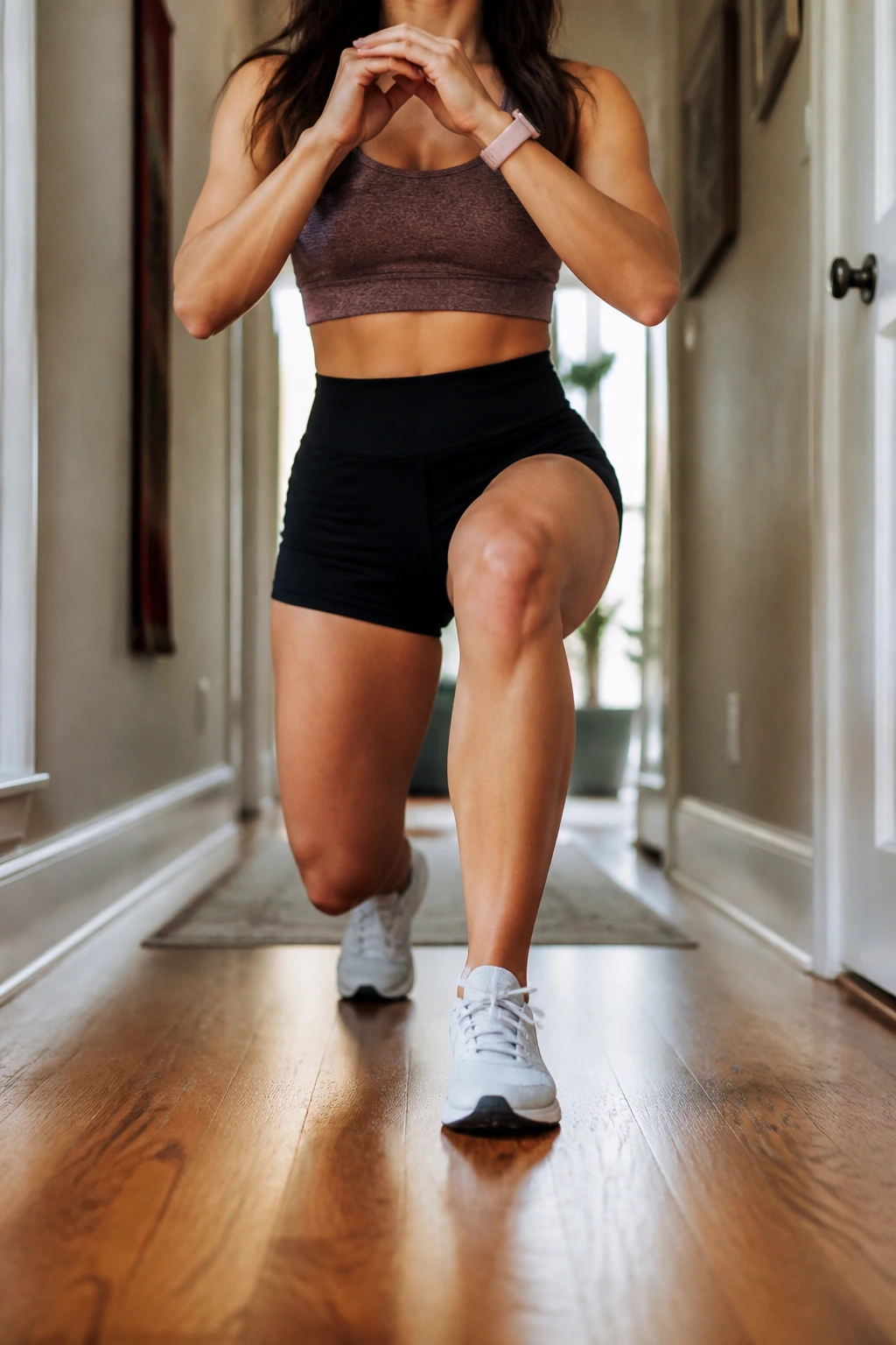 Woman performing alternating lunges in a hallway at home