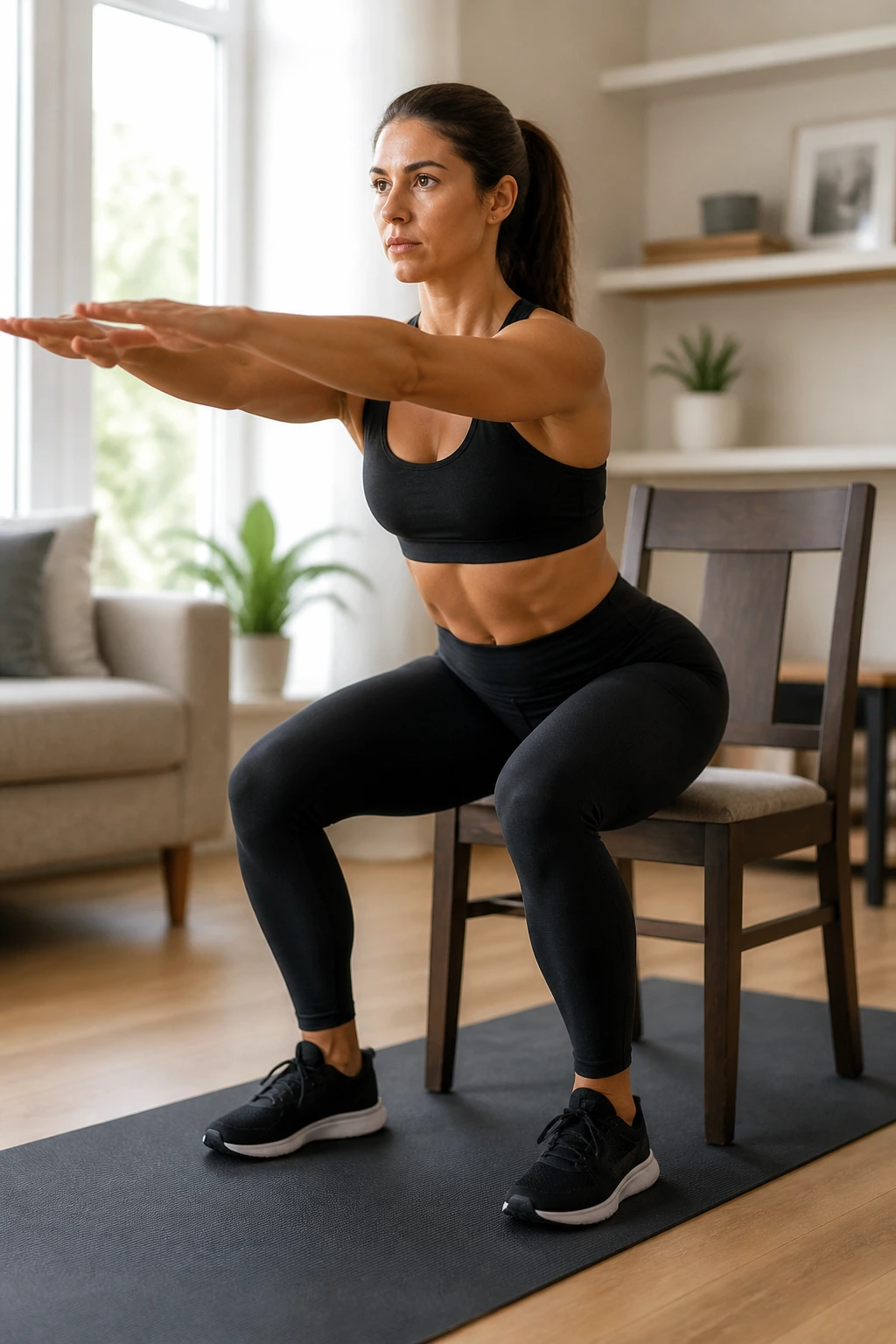Medium close-up of a person performing a squat-to-chair in a living room