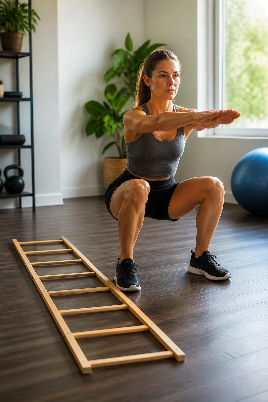 Person performing bodyweight squats beside a ladder in a home gym