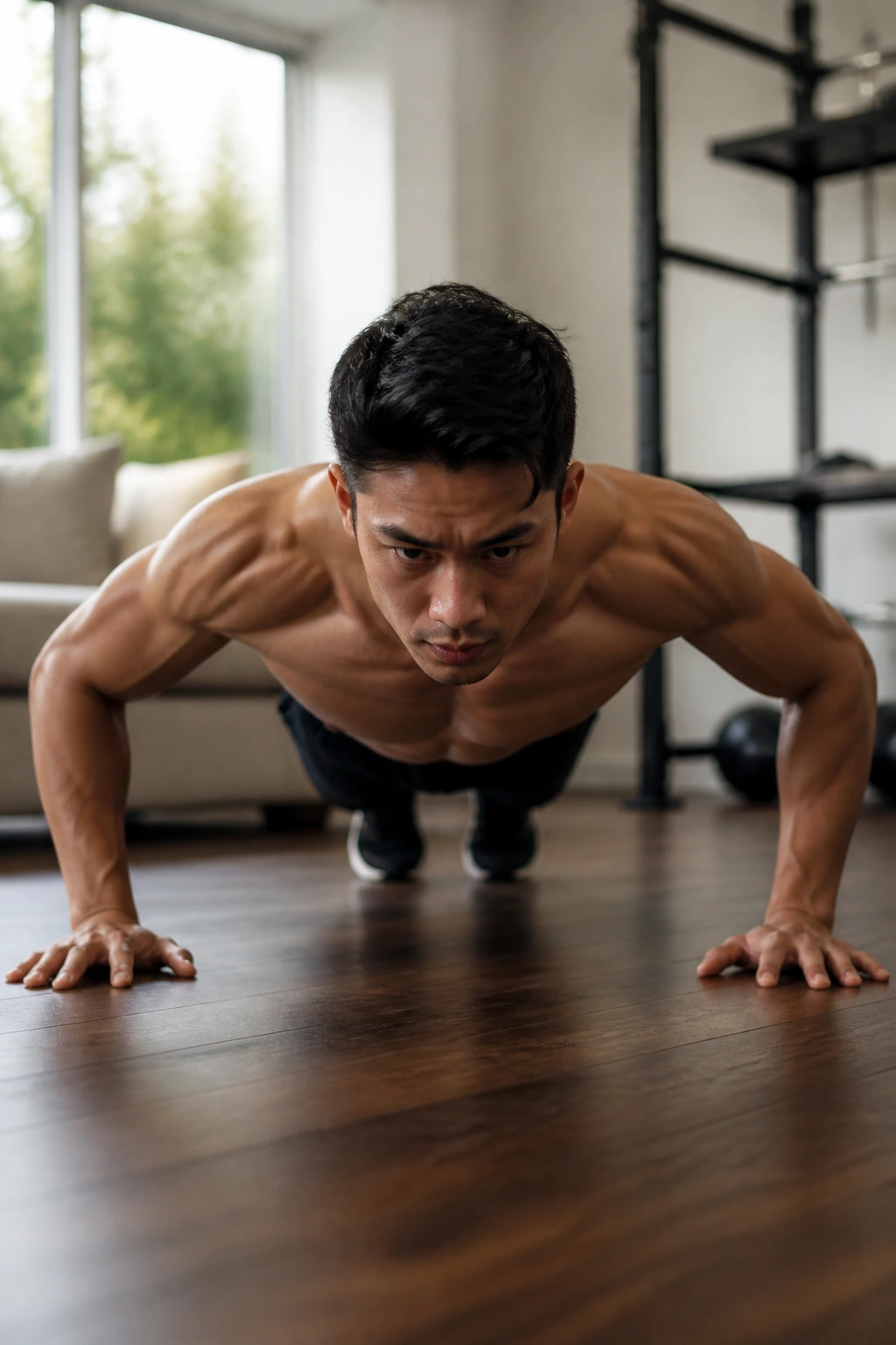 Close-up of a real person performing a push-up, chest and arms engaged