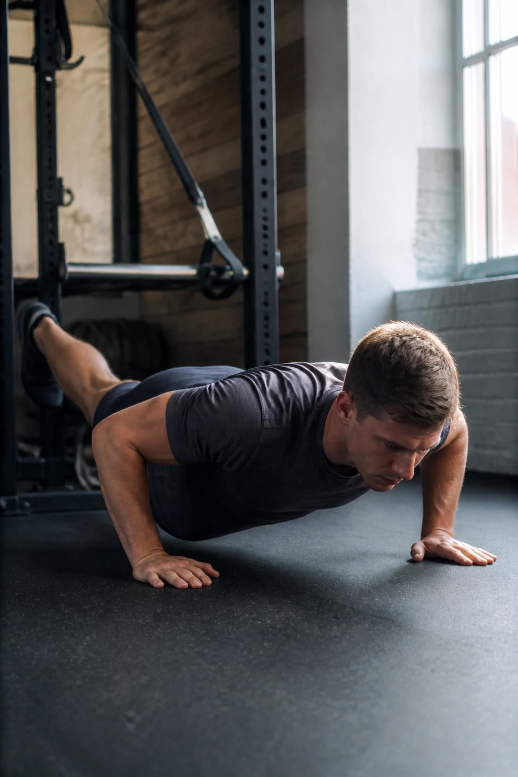 Athlete doing a push-up with split stance in a small gym.