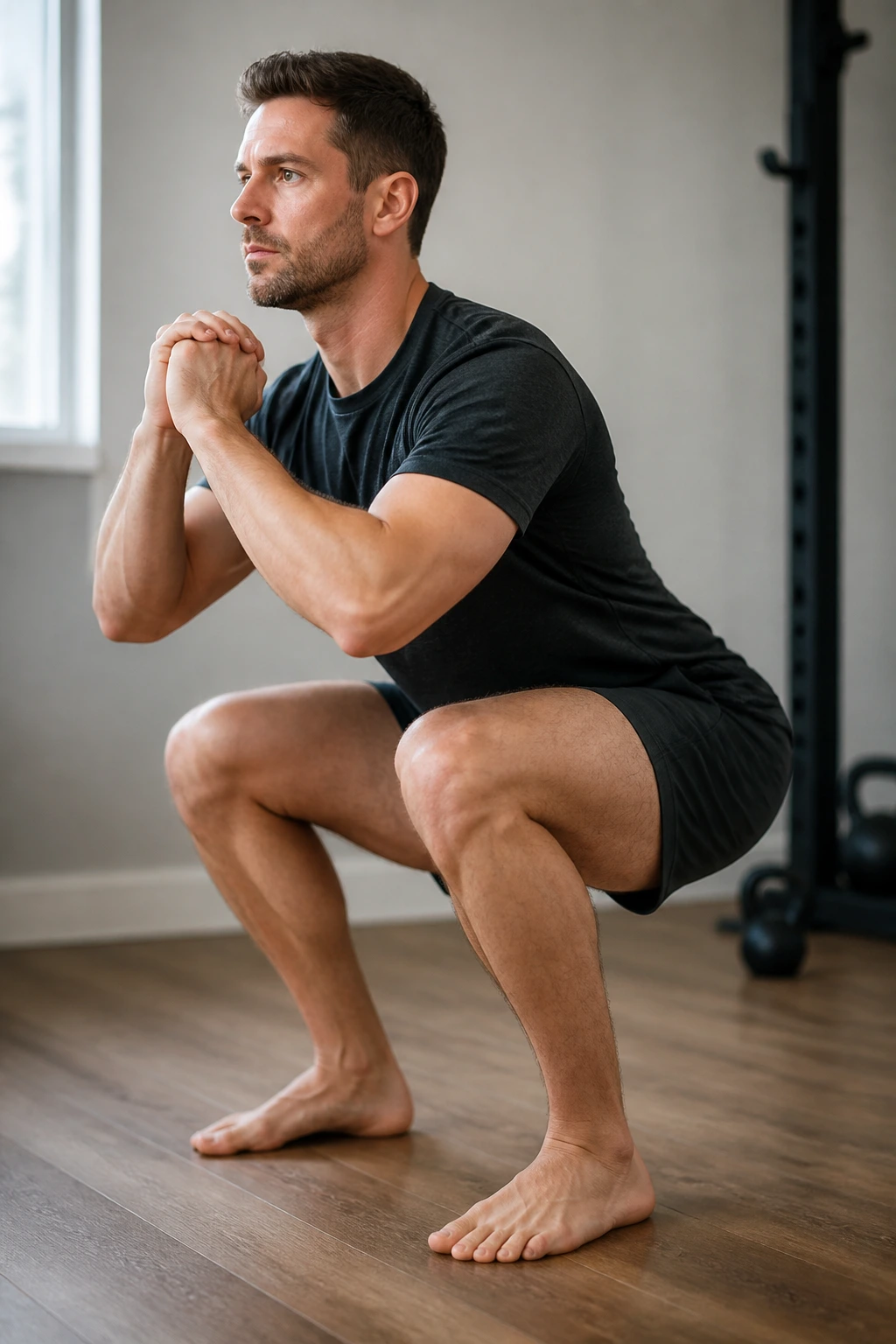 Close-up of a real person performing a standard bodyweight squat with proper form indoors
