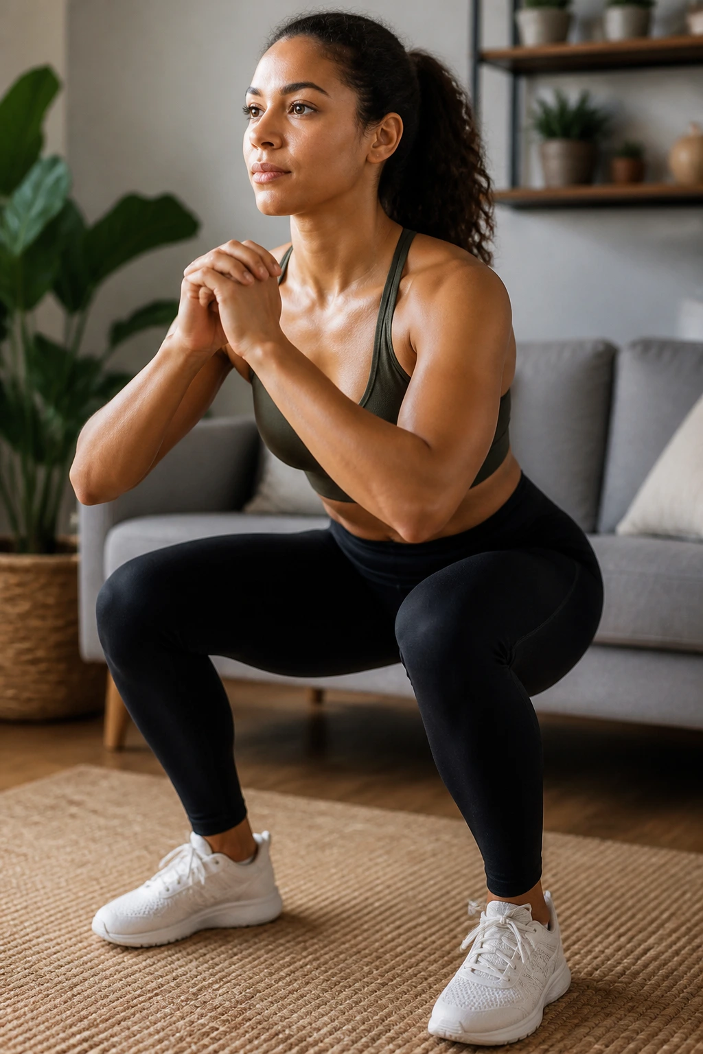 Medium close-up of a real person performing a proper bodyweight squat in a home living room