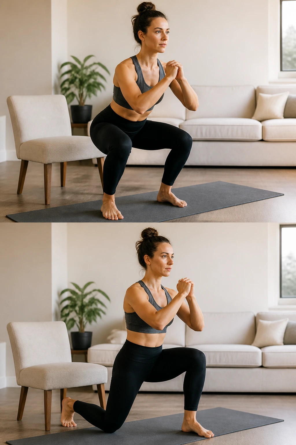 Person executing bodyweight squats and reverse lunges at home
