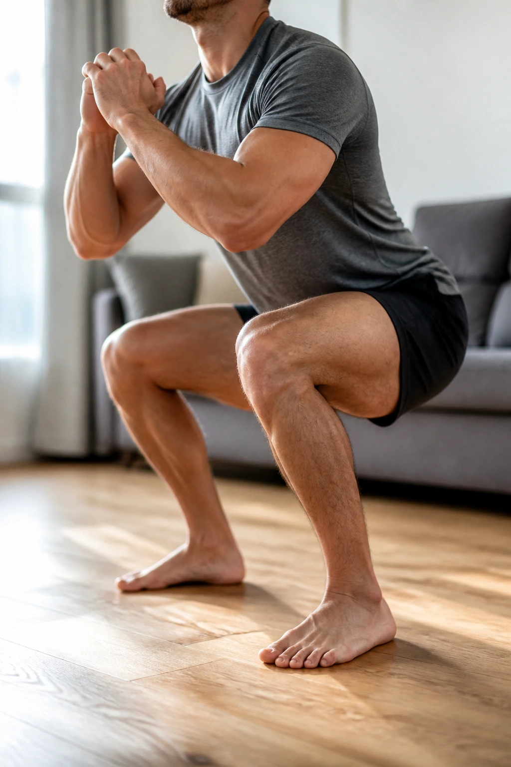Close-up of a person performing bodyweight squats in a home setting, legs and core in focus