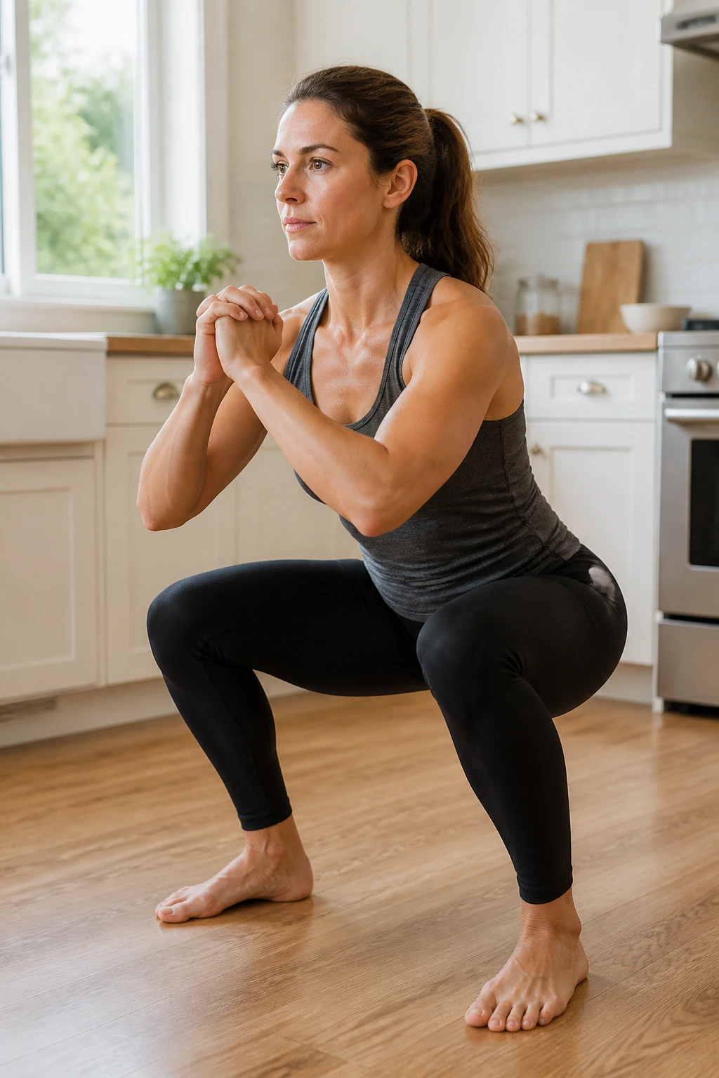 Person performing a squat with controlled pelvic floor to stay pressure-safe
