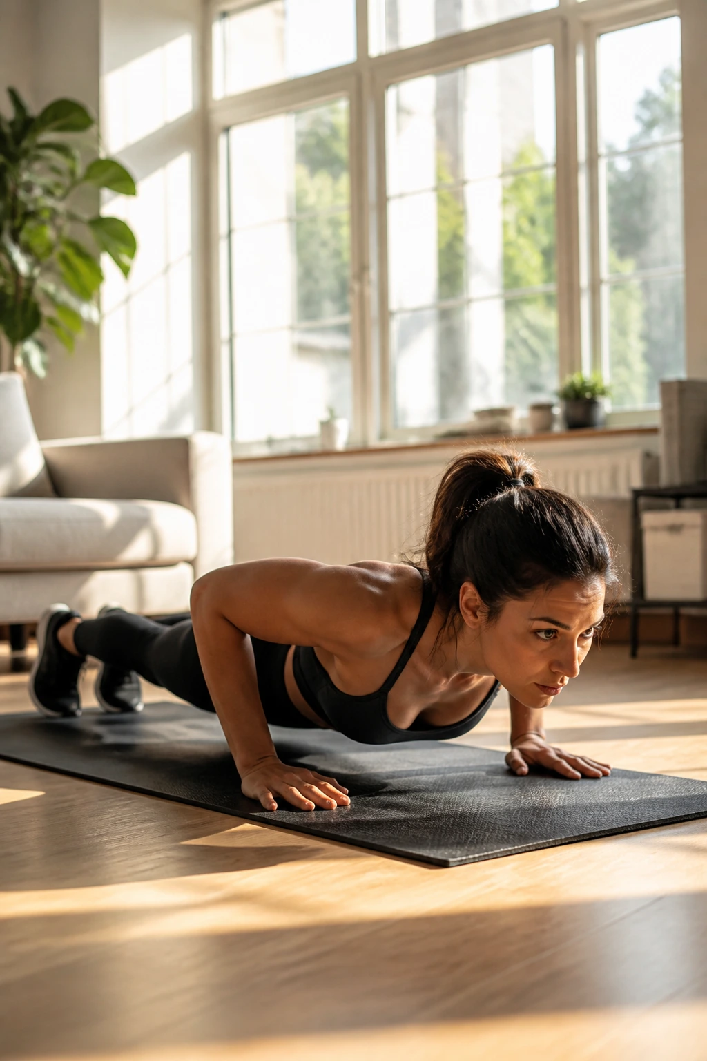 Woman doing tempo push-ups on a mat indoors, bodyweight training