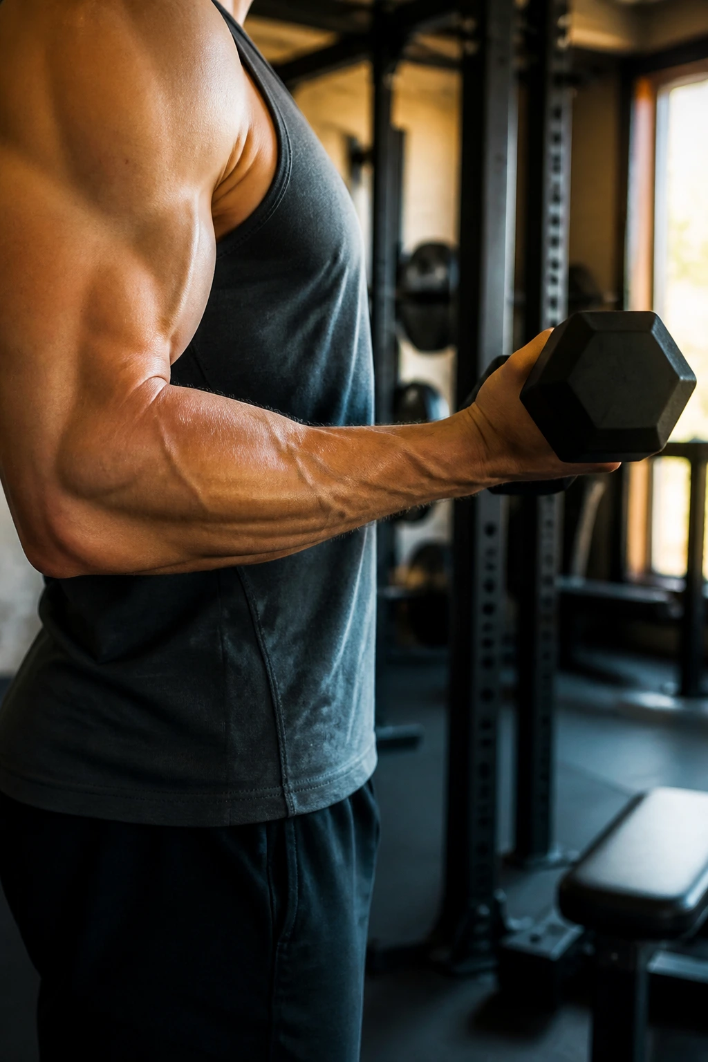 Close-up of a real person performing a bottom-half partial curl with a dumbbell in a gym.