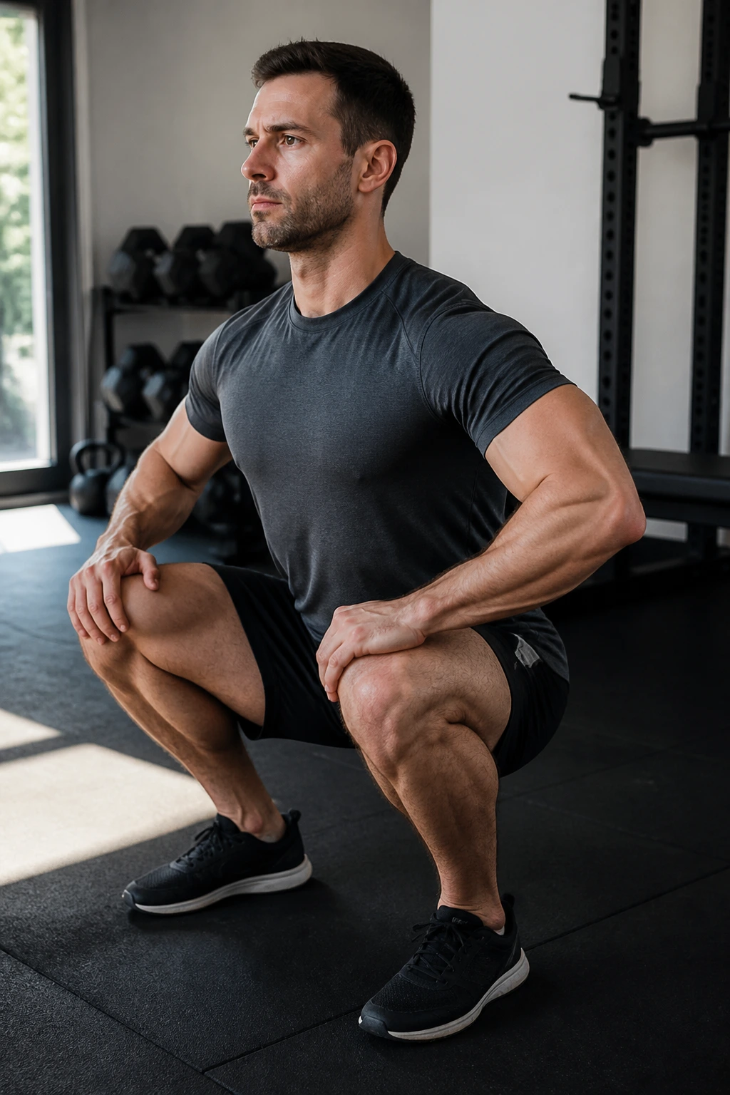 Real person in a deep bottom hold squat at home, upright torso and flat feet.