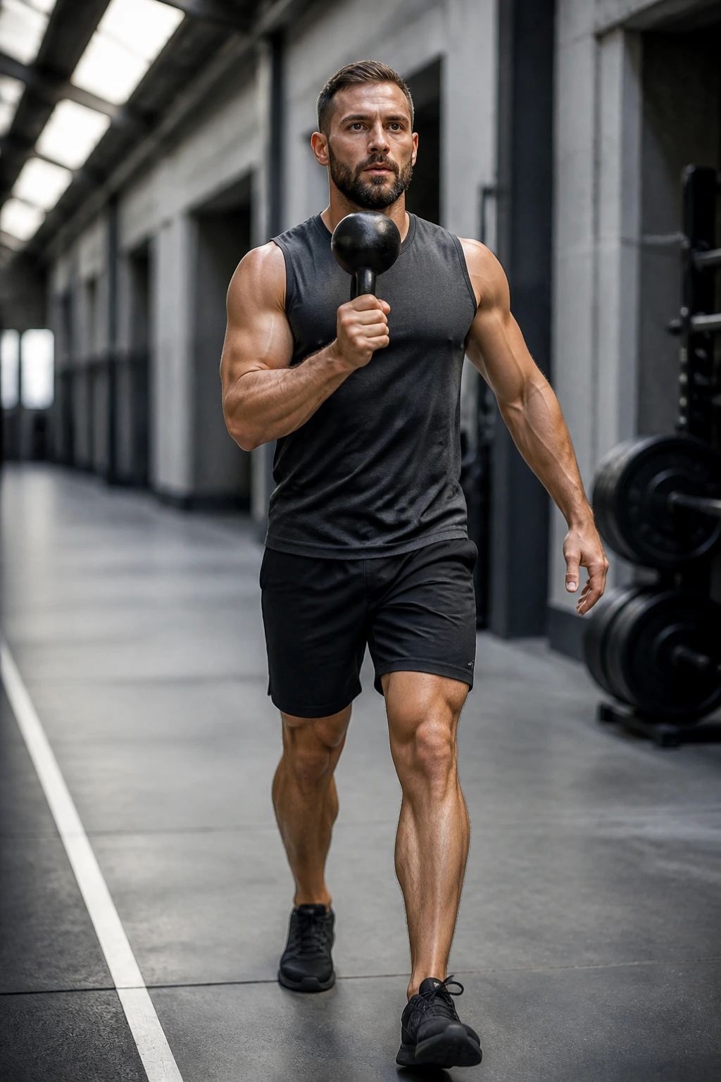 Athlete carrying a bottoms-up kettlebell in a gym during intervals