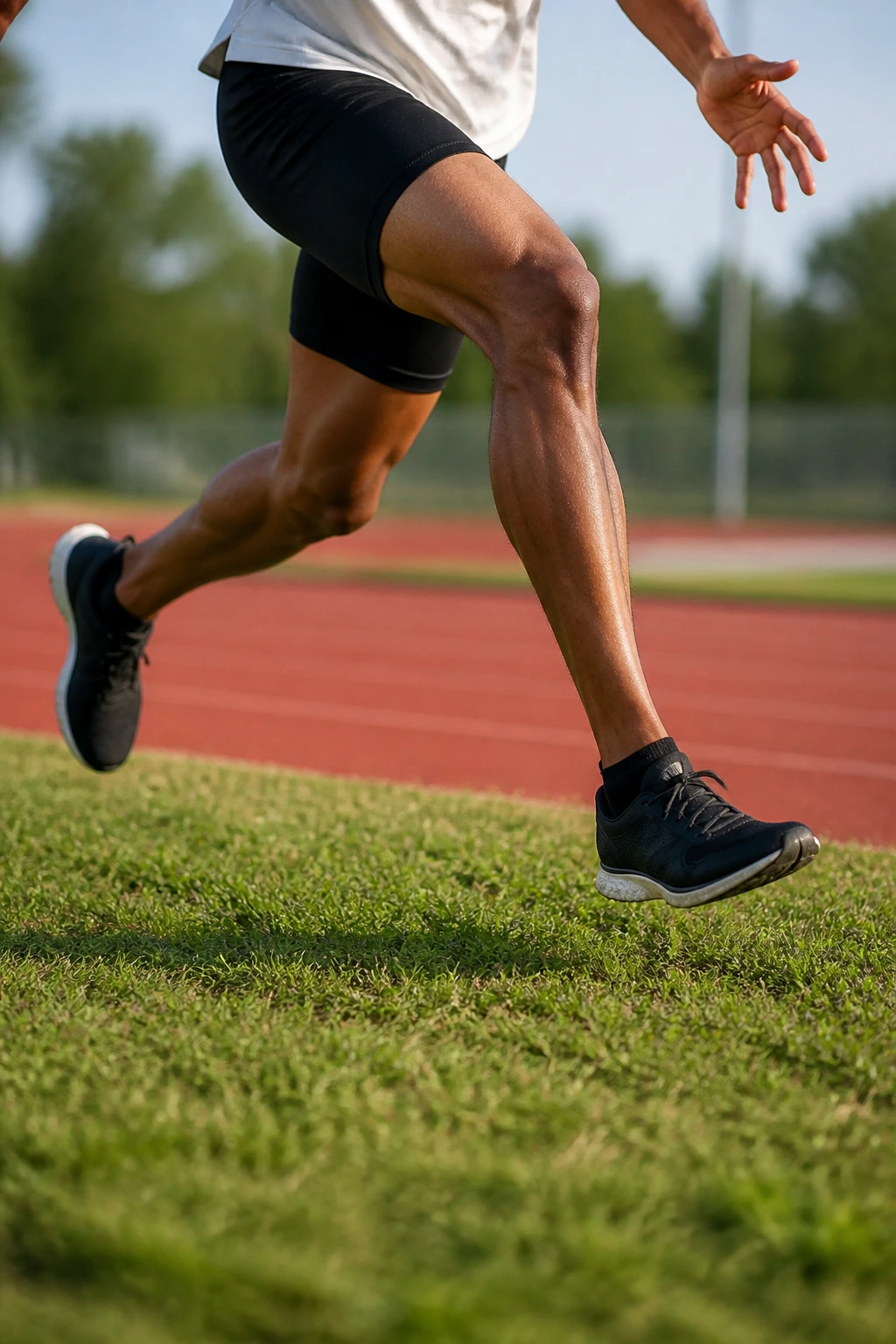 Close-up of a real runner's lower body performing a bounding sprint on grass with a track in the background