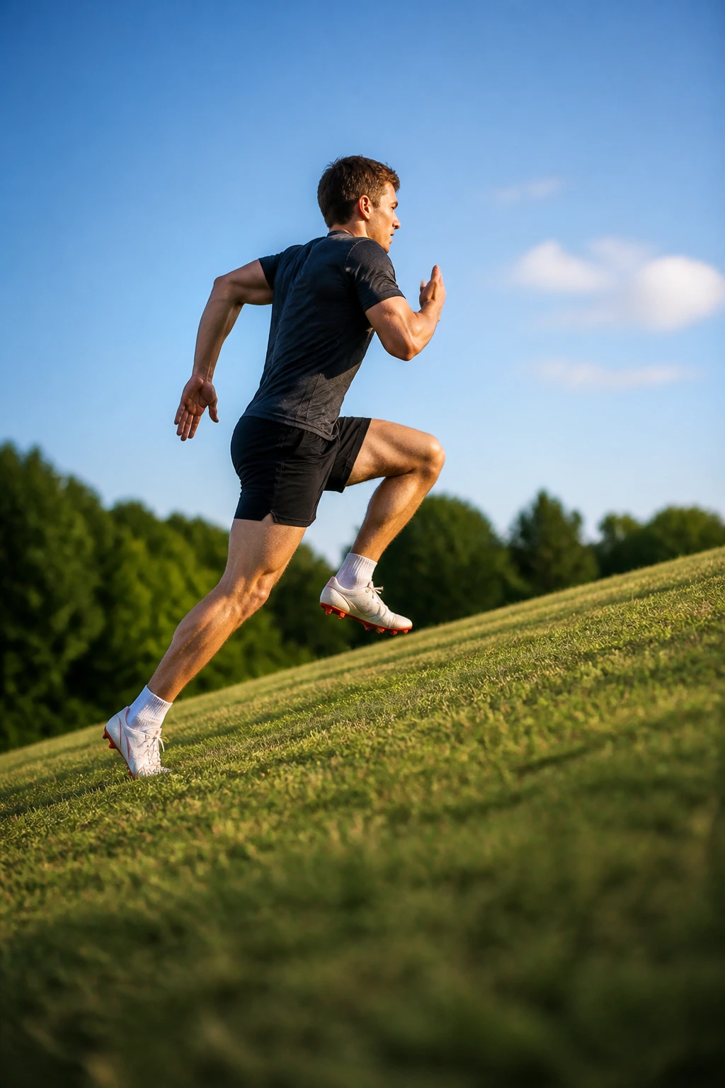 Runner bounding uphill with exaggerated stride and powerful leg drive