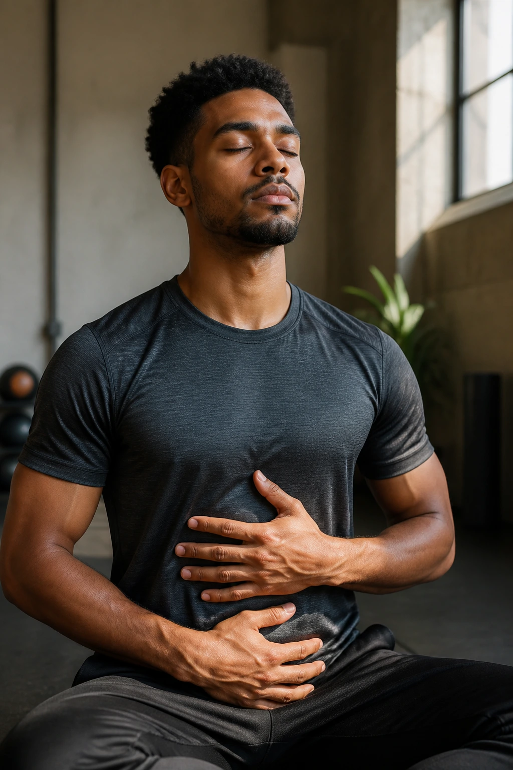 Portrait of box breathing practice in a calm indoor space